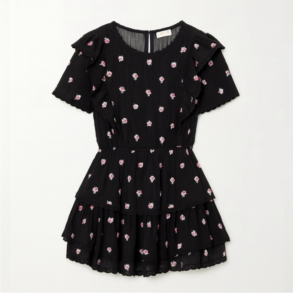 NWT LoveShackFancy Natasha Mini Dress XS Black Floral, Ruffle Tiered Cottagecore